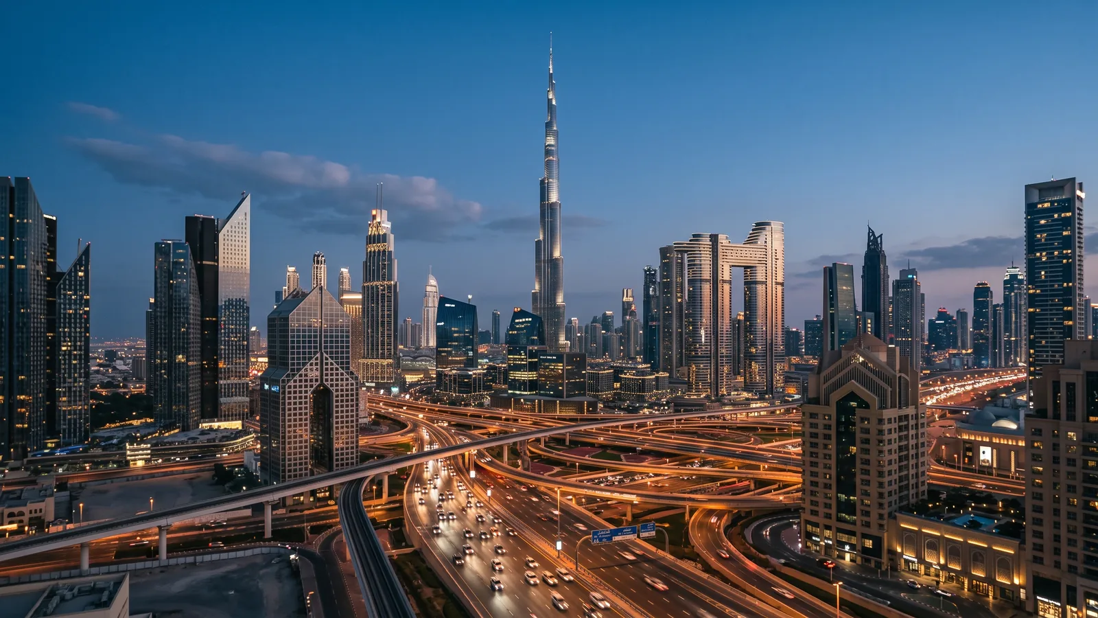 Dubai skyline at blue hour, where Abstraxia builds its products